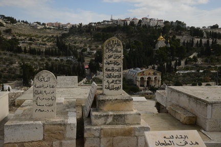 Muslim burial markers with Church of All Nations and Chuch of Mary Magdalene in the background